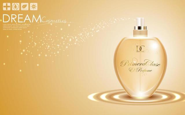 Perfume in a glass bottle on gold background