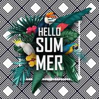 Hello Summer background with Tropical plants and birds collection set vector