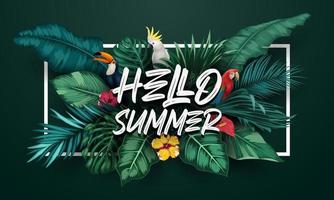 Hello Summer background with Tropical plants and birds collection set vector