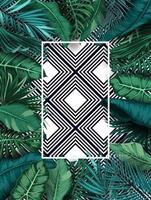 Green summer with tropical leaves and flowers on pattern striped background vector