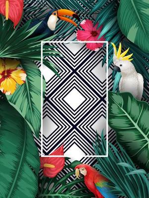 Green summer with tropical leaves and flowers on pattern striped background