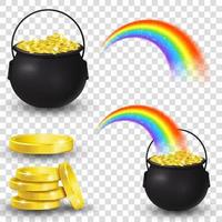 Cauldron full of gold coins and rainbow vector