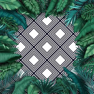 Green summer with tropical leaves and flowers on pattern striped background