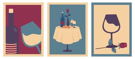 Set of vertical retro posters with restaurant table, wine, glass, flower. Valentine's day card. Vector vintage illustration for holidays, romantic dinner, party, wedding, dating, invitation