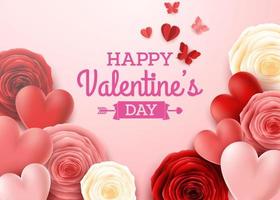 Valentines day greeting card with rose flower and hearts background vector