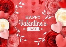 Valentines day greeting card with rose flower and hearts background vector