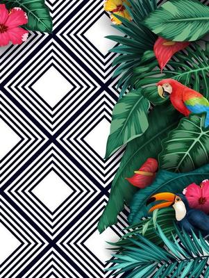 Green summer with tropical leaves and flowers on pattern striped background
