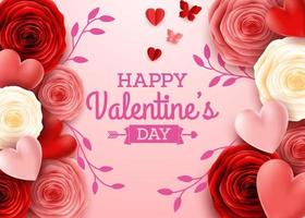 Valentines day greeting card with rose flower and hearts background vector