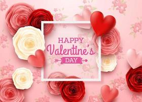 Valentines day greeting card with rose flower and hearts background vector