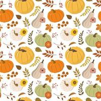 Autumn floral seamless background with orange, beige and yellow pumpkins, forest leaves and red berries. Isolated on white background. Autumn harvest illustration. Thanksgiving wallpaper. vector