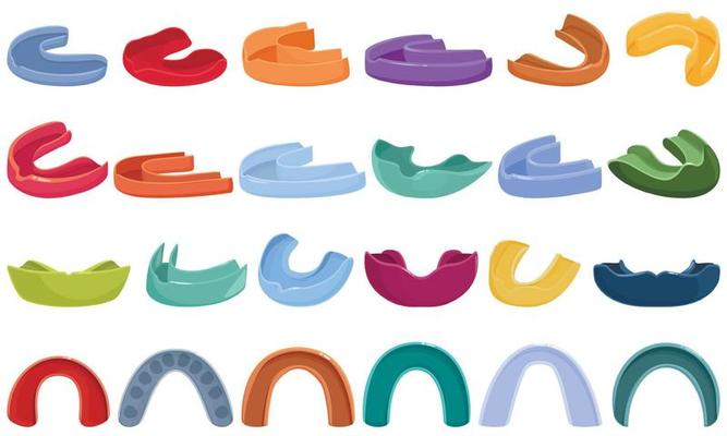 Mouthguard icons set cartoon vector. Dental boxer