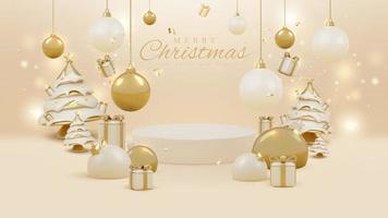 Luxury background concept of happy new year and realistic 3d merry christmas ornaments. Space for product banner promote. Vector illustration.