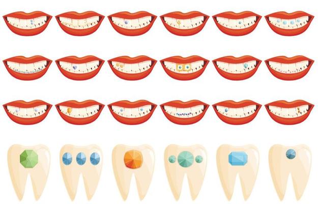 Tooth gems icons set cartoon vector. Dental care