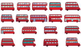 los iconos del autobús londinense establecen el vector de dibujos animados. dos pisos