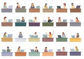 Woman with laptop icons set cartoon vector. Work people