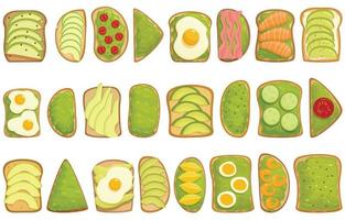 conjunto de iconos de tostadas de aguacate vector de dibujos animados. rebanada de pan