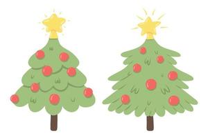 Set of Christmas tree with balls and a star. Symbol of the new year. Collection of elegant Christmas trees. Drawing style. vector illustration.