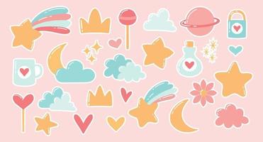 lindo conjunto de elementos. elementos para el diseño. corazón, estrellas, nubes, piruletas, luna, planeta, estrella fugaz. estilo de dibujos animados ilustración vectorial.un conjunto de lindas pegatinas. vector