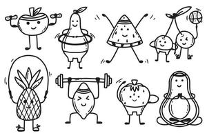 Fruit characters set. Sports characters. Doodle style. Vector illustration. Avocado, apple, nananas, lemon, strawberry, pear go in for sports.