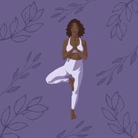 afiche, la chica se dedica al yoga, yoga, piel oscura, fondo lila oscuro. ilustración vectorial vector