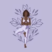 afiche, la chica se dedica al yoga, al yoga, a la piel oscura, al fondo lila vector