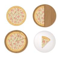 pizza con marisco en una tabla de madera y en un plato vector