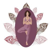 Poster, Girl doing yoga, feathers in the background, yoga pose. Vector illustration