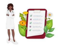 isolated doctor, dark skin, goals written on a clipboard, leaves and flowers in the background vector