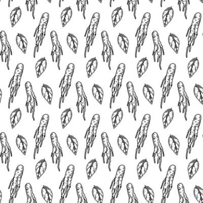 Hand drawn roots and leaves seamless pattern. Vector illustration in sketch style. Forest background. Botany design