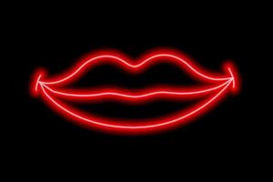 Red neon smiling lips on a black background. The contour of the women's lips. Kiss vector