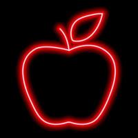 Red neon outline of an apple with a leaf on a black background. Icon illustration vector