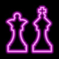 un par de piezas de ajedrez rey y reina. contorno púrpura neón sobre un fondo negro vector
