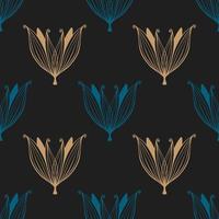 Pattern Luxury flowers doodle blue and gold color on dark background. vector