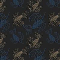 Luxury pattern dark blue and gold cocoa branch contour doodle . vector