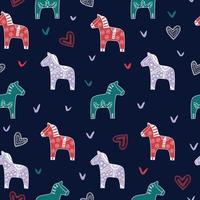 Dala horses with boho decorative elements seamless pattern. Dalecarlian horse traditional wooden statuette originating in Dalarna, Swedish. Scandinavian style simple background vector illustration.