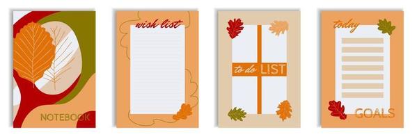 Autumn leaves decorated cover wish to do goals list templates. Lined pages, notes, labels with elm oak falling foliage. For notebooks, planners, brochures, schedule, checlists. Vector illustration.