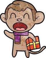 shouting cartoon monkey carrying christmas gift vector