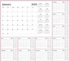 plantilla de calendario mensual para el año 2023. la semana comienza el lunes. idioma en Inglés. calendario de pared de estilo minimalista. vector