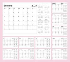 Monthly calendar template for 2023 year. Week Starts on Sunday. Wall calendar in a minimalist style. vector