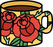 traditional tattoo of a cup and flowers vector
