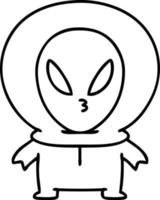 garabato de línea de un pequeño alienígena que parece pensativo vector