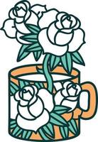 tattoo style icon of a cup and flowers vector