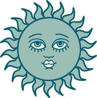 icono de estilo tatuaje de un sol con cara vector