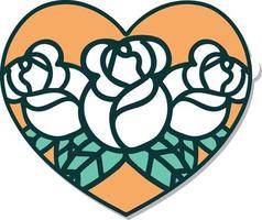 sticker of tattoo in traditional style of a heart and flowers vector