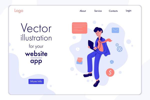 Landing page employee uses a laptop for work. Business illustration