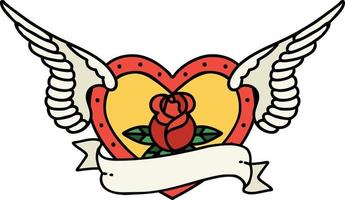 traditional tattoo of a flying heart with flowers and banner vector