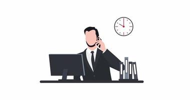 animation d'homme d'affaires ou de gestionnaire. un homme en costume et au bureau parlant au téléphone dans le contexte d'une horloge en cours d'exécution. 4k, vidéo HD video