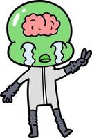 cartoon big brain alien crying and giving peace sign vector