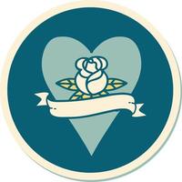 sticker of tattoo in traditional style of a heart rose and banner vector