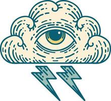 icono de estilo de tatuaje de una nube de ojos que todo lo ve vector